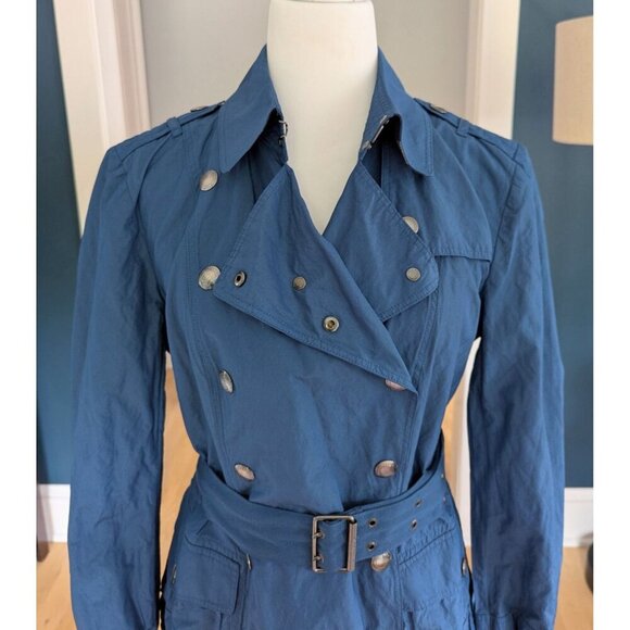 Burberry Brit Blue Women’s Sz 12 Double Breasted Short Trench Coat Lightweight - Picture 3 of 16